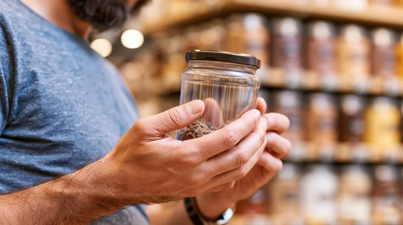 Man holding a transparent jar of coffee beans in a grocery store aisle, reading the label