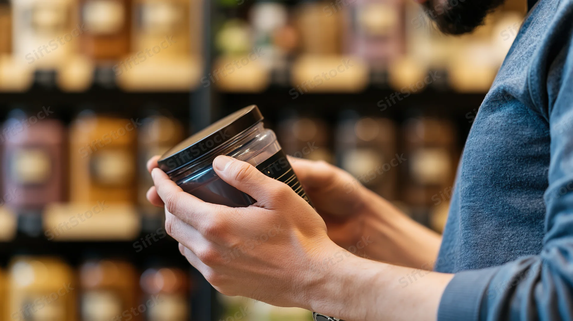 Man holding and reading a clear plastic jar with a dark lid in a store aisle