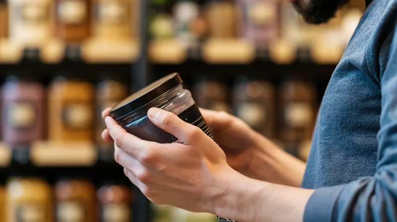 Man holding and reading a clear plastic jar with a dark lid in a store aisle
