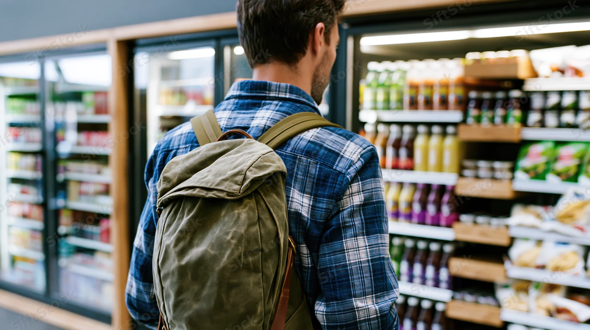 Man with backpack shopping in grocery store aisle near refrigerated beverage display