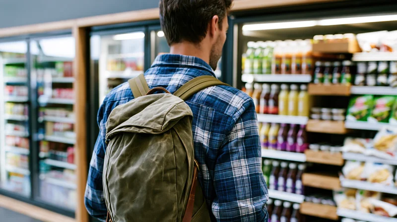 Man with backpack shopping in grocery store aisle near refrigerated beverage display