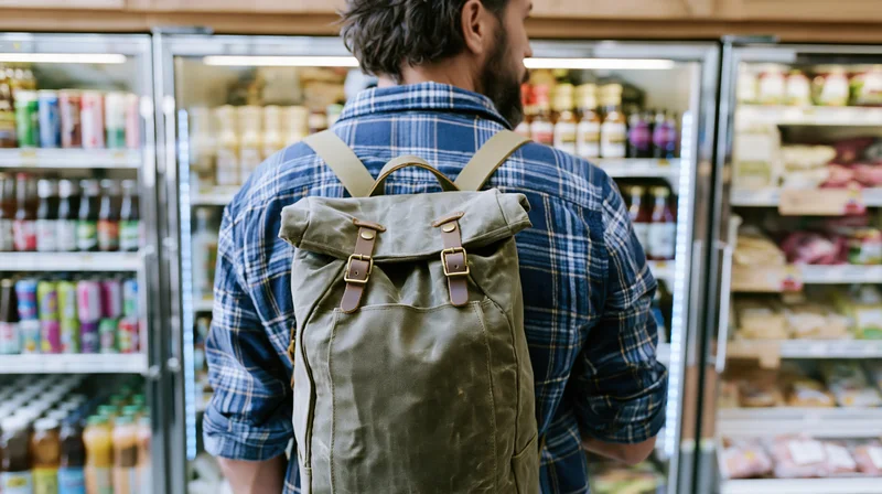 Man with backpack shopping in grocery store aisle near refrigerated shelves
