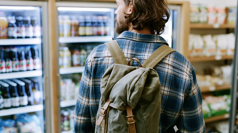 Man with backpack shopping in grocery store aisle, seen from behind, wearing blue plaid flannel shirt