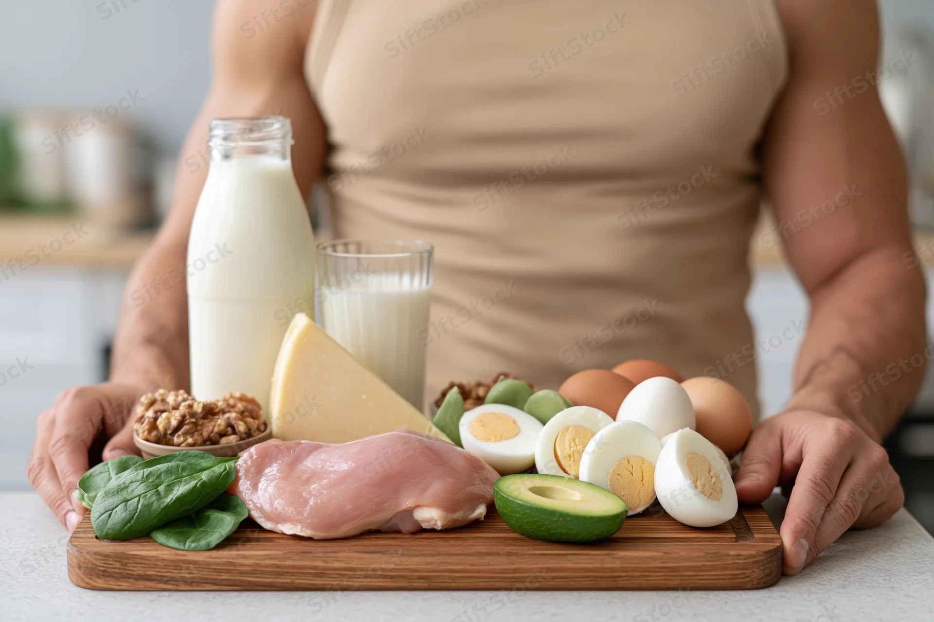 Woman with muscular arms holding a wooden cutting board arranged with high-protein foods including chicken, eggs, avocado, cheese, milk and spinach in a kitchen setting