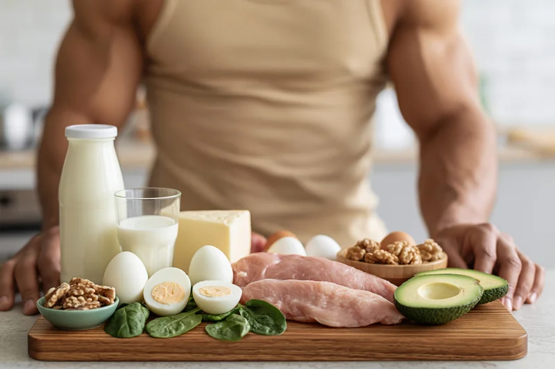Man standing behind wooden cutting board with protein-rich foods arranged on it in kitchen
