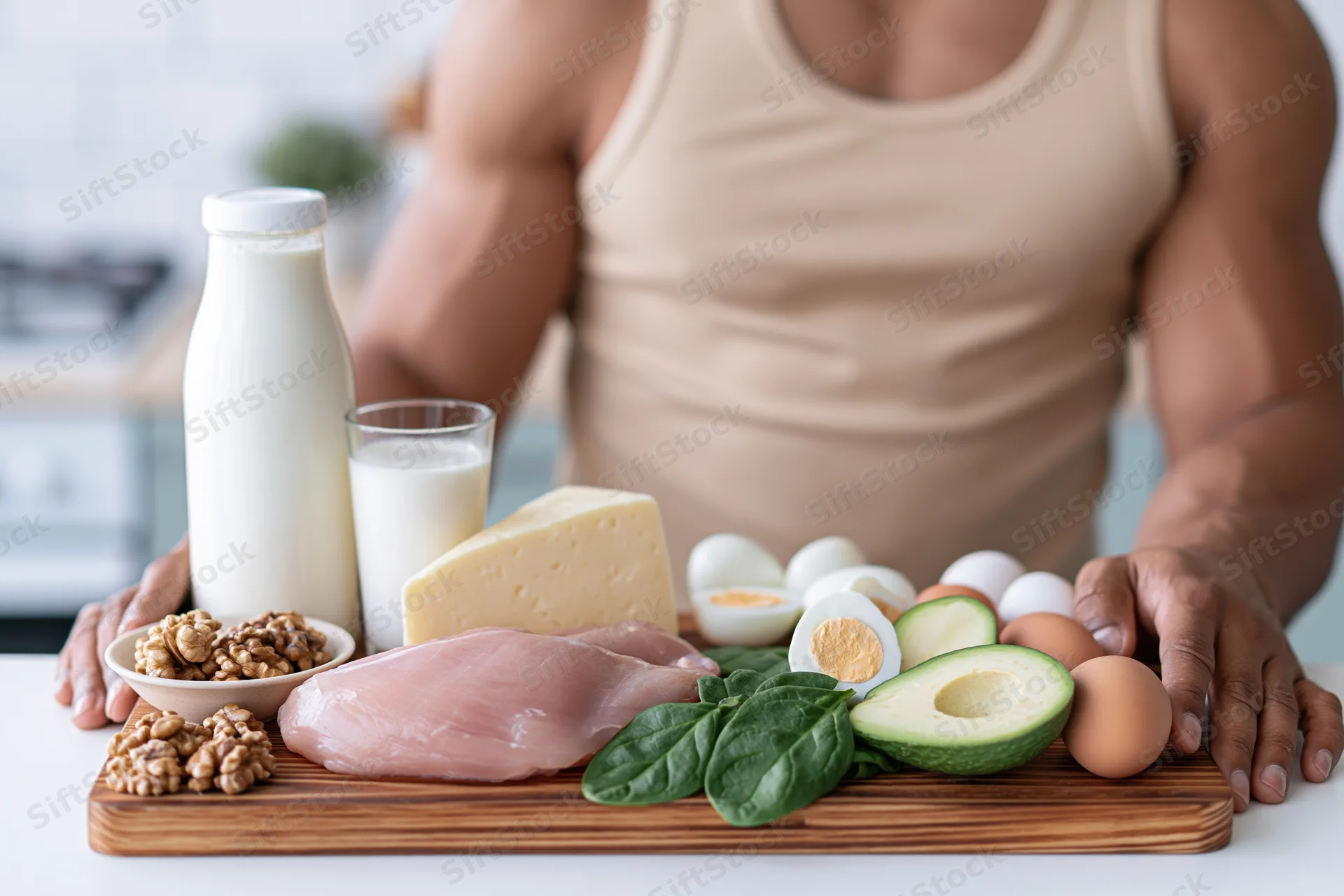 Man with muscular arms standing behind wooden cutting board arranged with high-protein foods including chicken, avocado, eggs, cheese, milk, and walnuts in kitchen setting