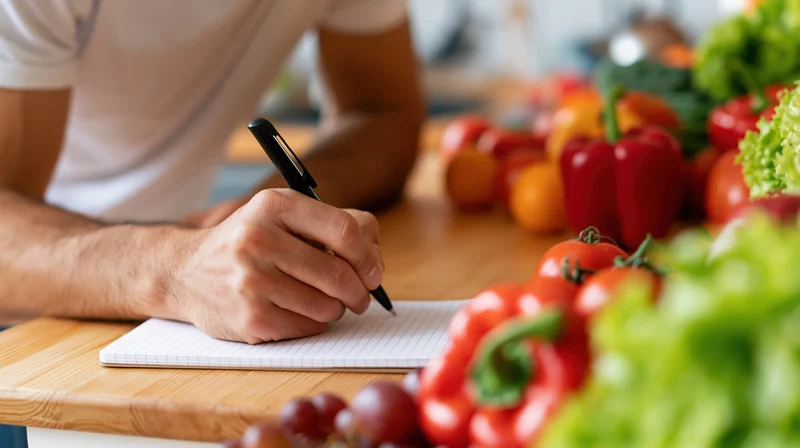 Man writing on a notepad at a kitchen counter surrounded by fresh vegetables