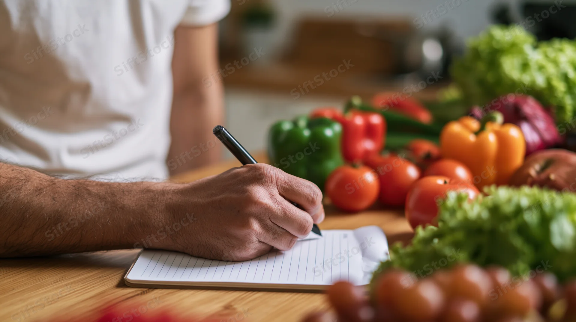 Man writing on a notepad at a kitchen counter surrounded by fresh vegetables