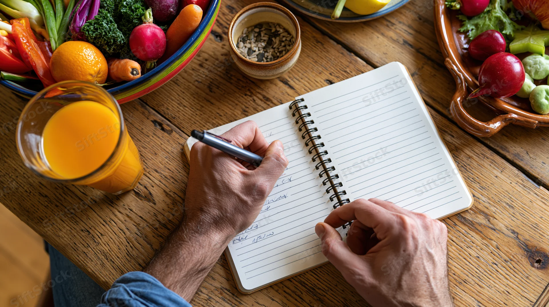 Man writing in a spiral notebook on a wooden table surrounded by fresh vegetables and a glass of orange juice