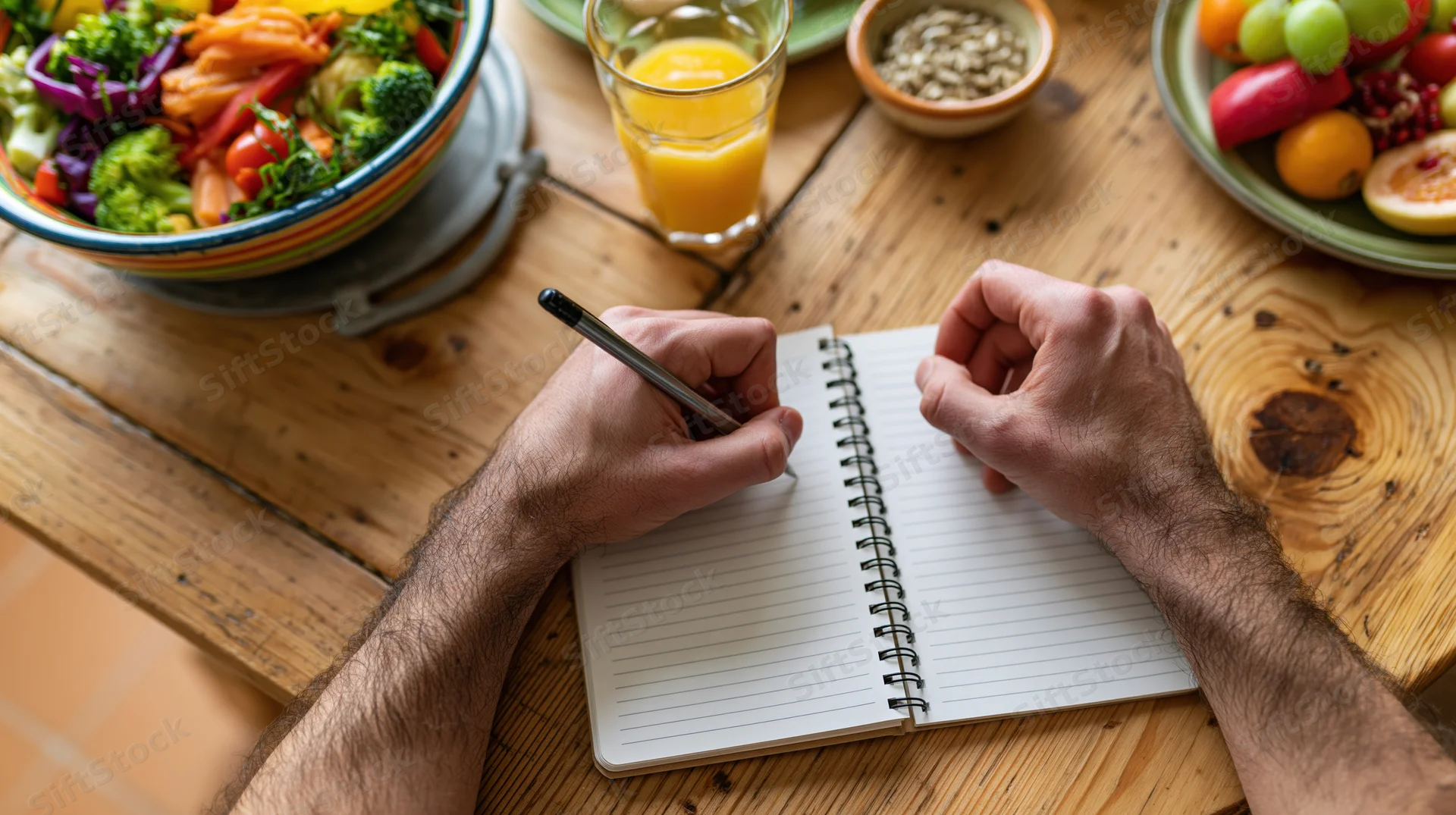 Man's hands writing in a spiral notebook on a wooden table with healthy food around