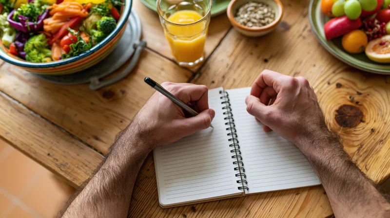 Man's hands writing in a spiral notebook on a wooden table with healthy food around