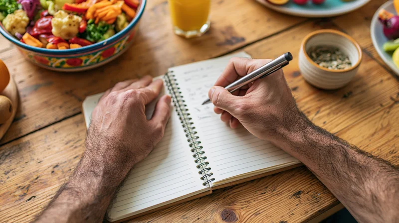 Man's hands writing in a spiral notebook on a wooden table with a bowl of salad and glass of juice nearby