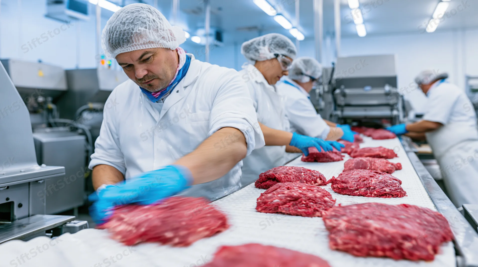 Workers handling ground beef on a conveyor belt in a meat processing plant