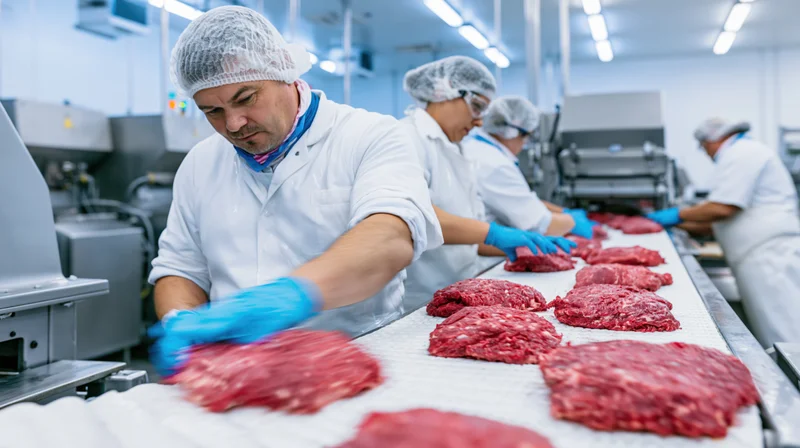 Workers handling ground beef on a conveyor belt in a meat processing plant