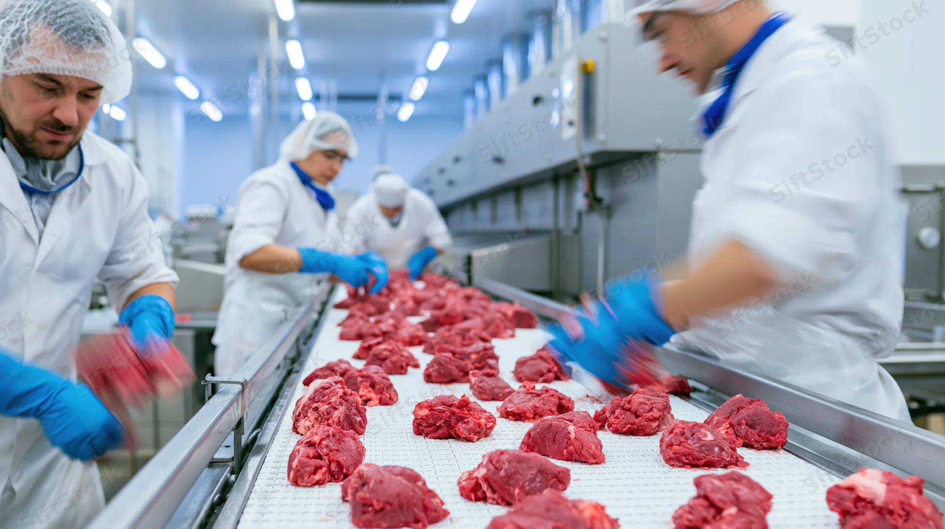 Workers sorting raw beef on a conveyor line in a meat processing plant