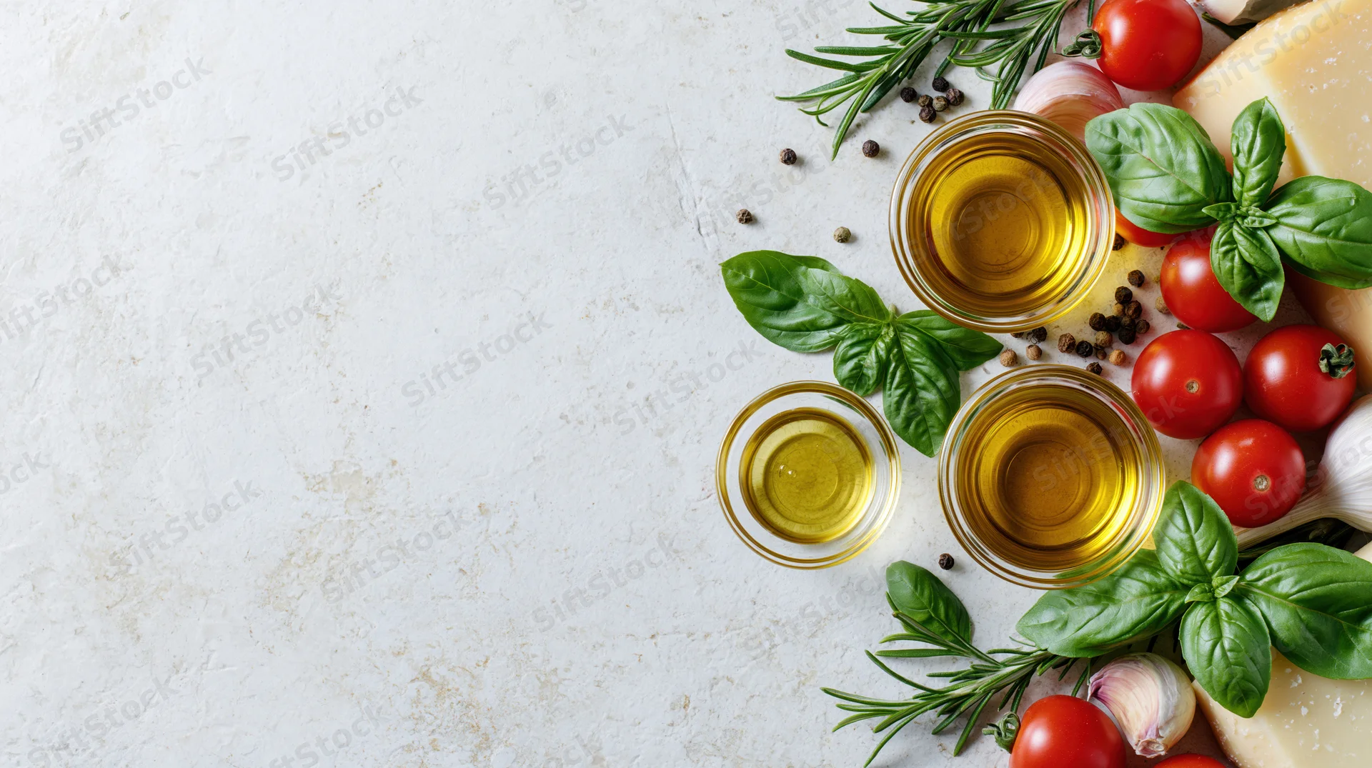 Mediterranean cooking ingredients arranged along the right edge of a white countertop with copyspace on the left