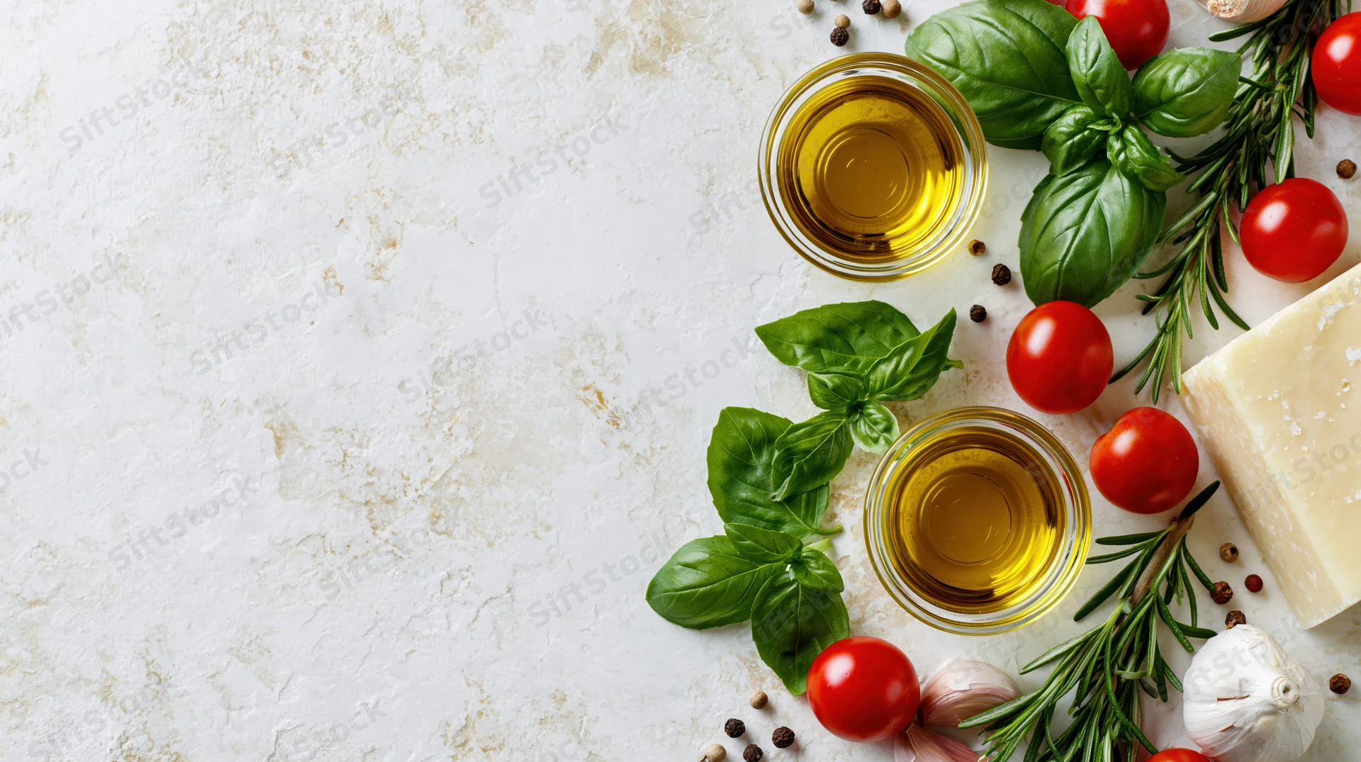 Mediterranean cooking ingredients arranged along the right edge of a textured white surface