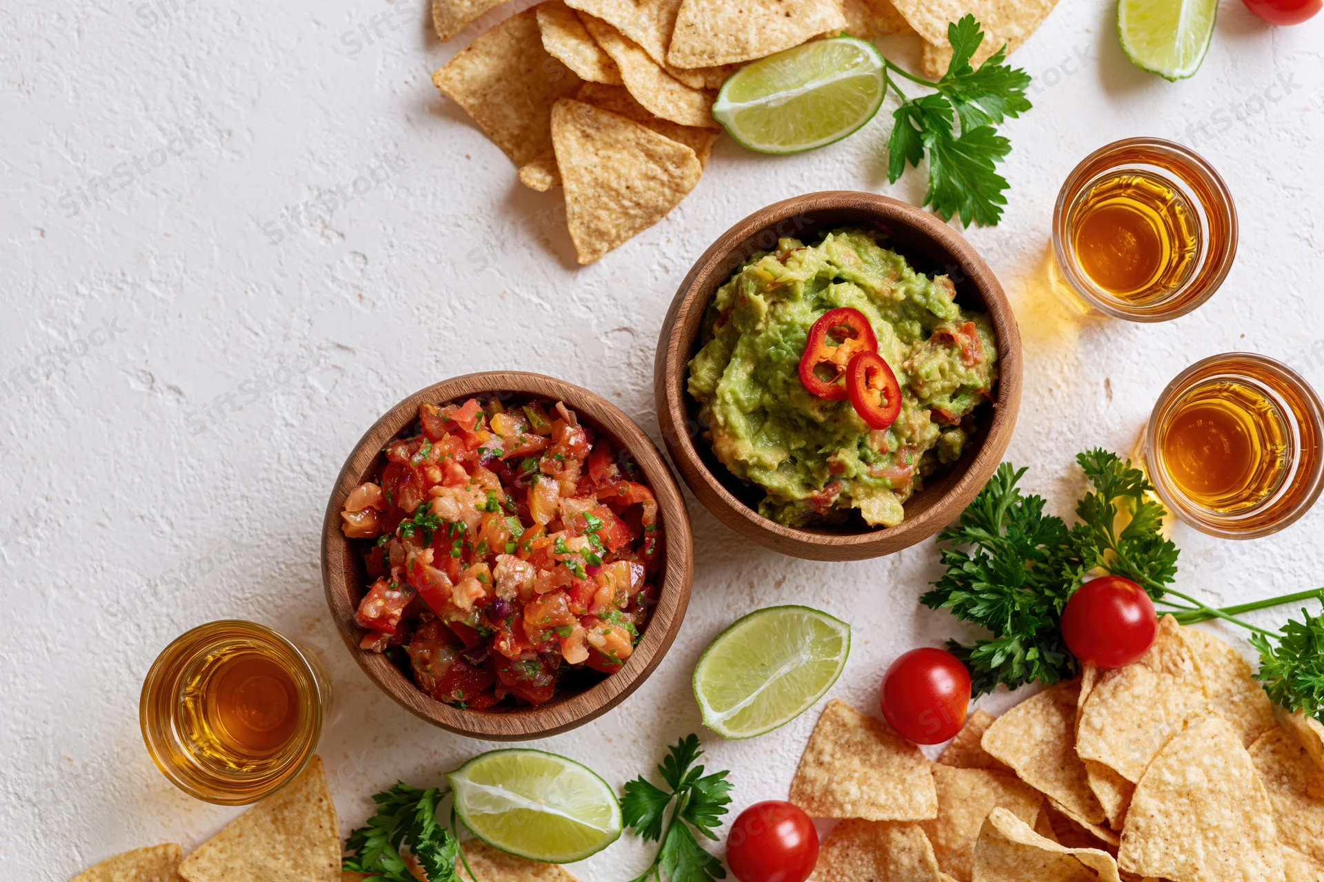 Mexican appetizer spread with guacamole, salsa, tortilla chips, lime, parsley, cherry tomatoes, and tequila shots arranged on a white textured surface in overhead flat lay view