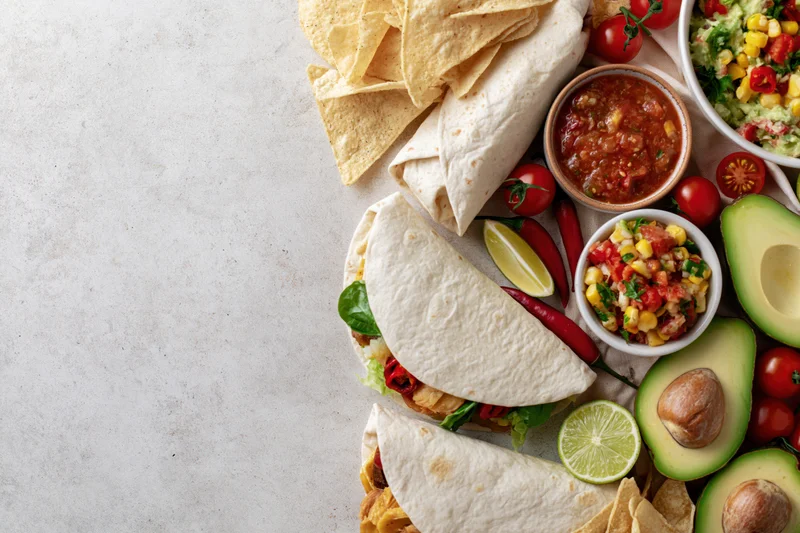 Mexican food spread with tacos, avocado, salsa and chips arranged along the right edge of a white surface