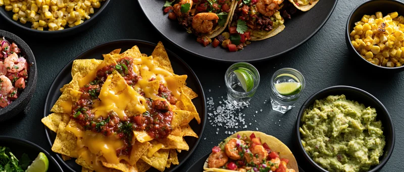 Mexican food spread with nachos, tacos, guacamole and tequila shots on dark stone surface