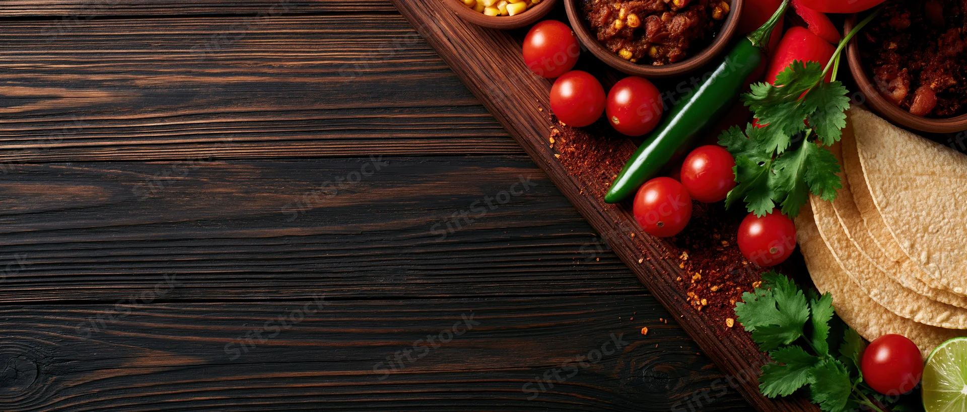 Mexican taco ingredients arranged along the right edge of a dark wooden table with copyspace on the left