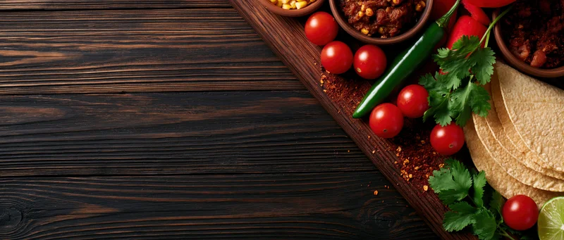 Mexican taco ingredients arranged along the right edge of a dark wooden table with copyspace on the left