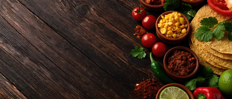 Mexican taco ingredients arranged along the right edge of a dark wooden table