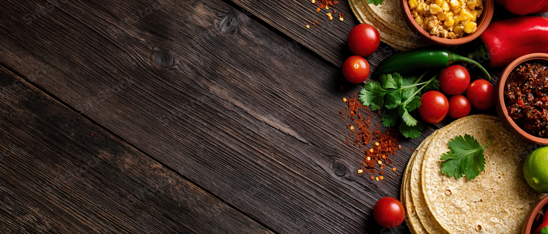 Mexican taco ingredients arranged along the right edge of a dark wooden table