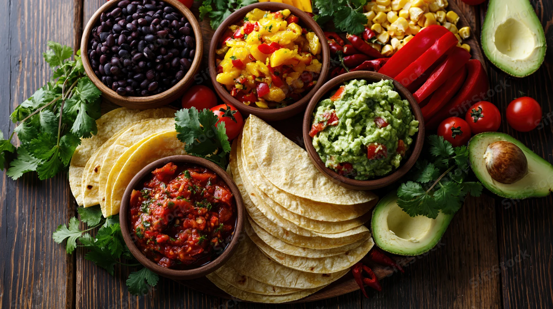 Mexican taco ingredients arranged on a dark wooden table with bowls of guacamole, salsa, black beans, corn, avocado, tomatoes, peppers, cilantro, and tortillas