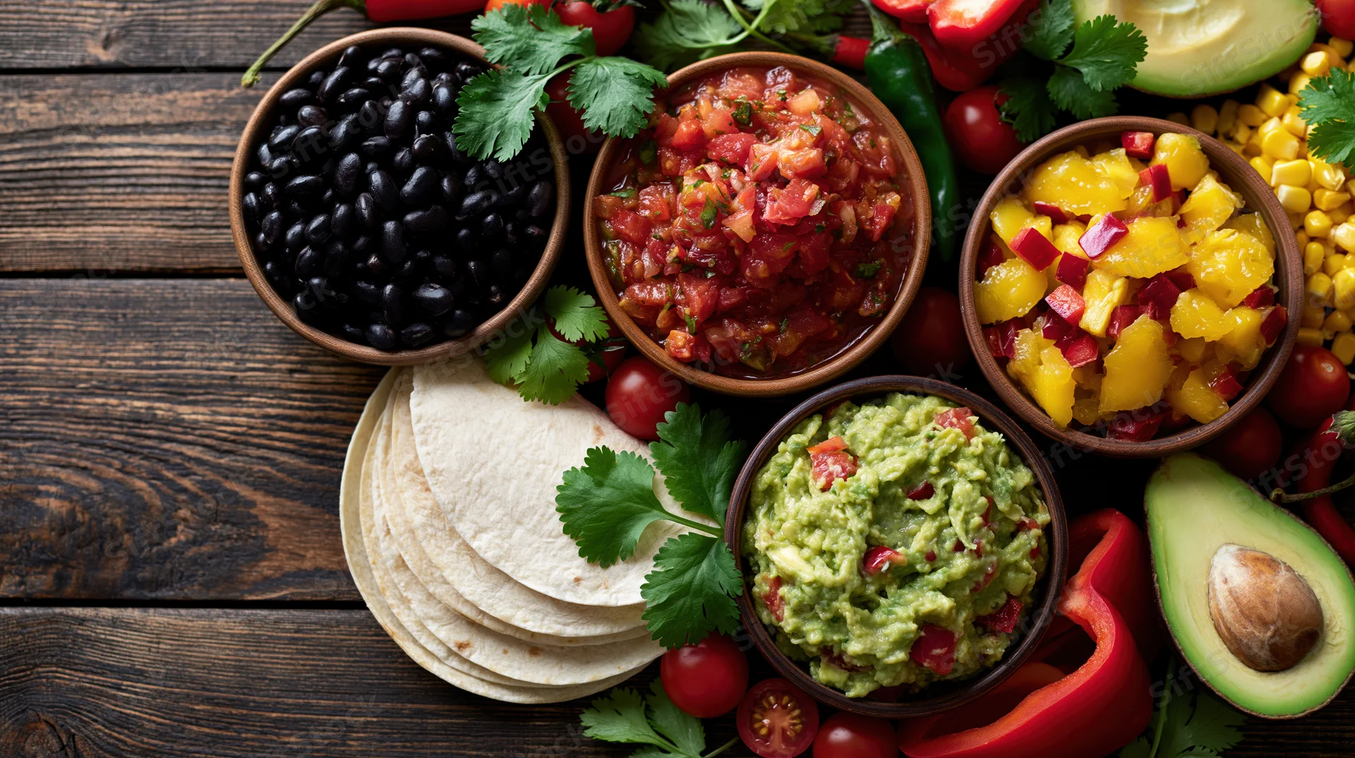 Mexican taco ingredients arranged on dark wooden table with bowls of black beans, salsa, guacamole, pineapple, corn, tortillas, avocado, peppers, and cilantro