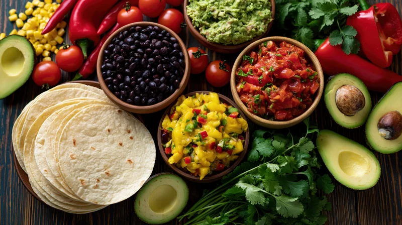 Mexican taco ingredients arranged on dark wooden table with tortillas, avocados, black beans, guacamole, salsa
