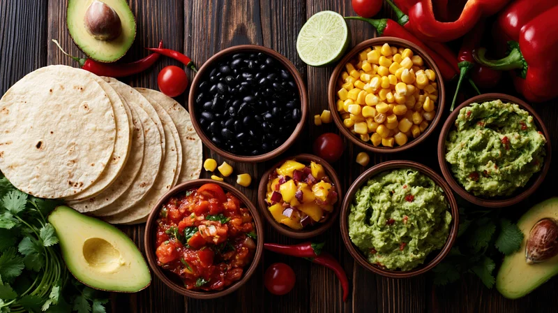Mexican taco ingredients arranged on a dark wooden table with tortillas, beans, corn, guacamole, salsa, and fresh vegetables