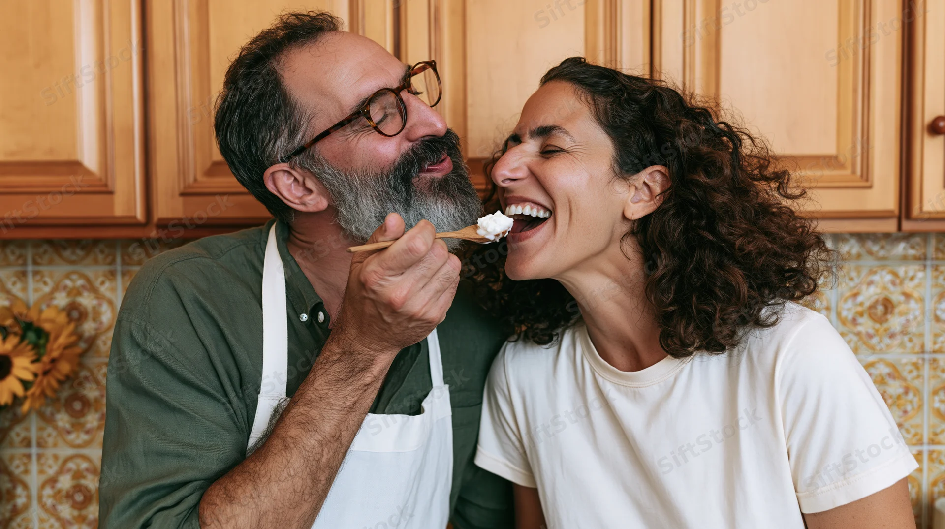Man feeding cream to laughing woman in kitchen with cabinets and tiles
