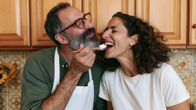 Man feeding cream to laughing woman in kitchen with cabinets and tiles