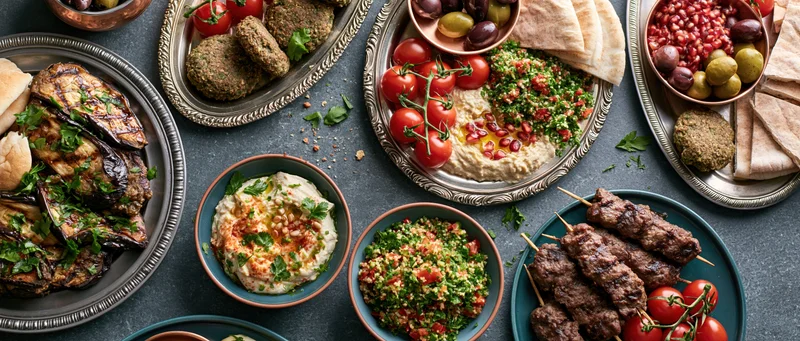 Middle eastern mezze spread with hummus, falafel, kebabs and vegetables arranged on a dark slate table in overhead view