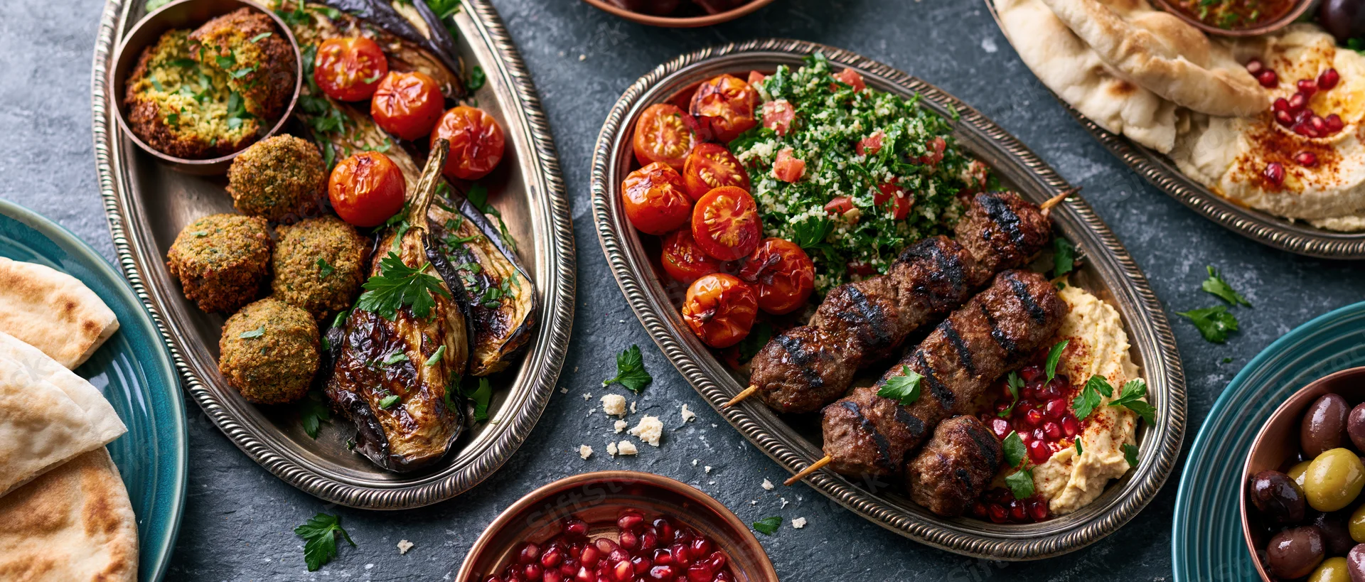 Middle eastern mezze spread with grilled kebabs, falafel, hummus and pita on a dark slate table