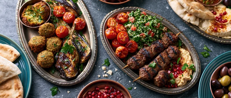 Middle eastern mezze spread with grilled kebabs, falafel, hummus and pita on a dark slate table