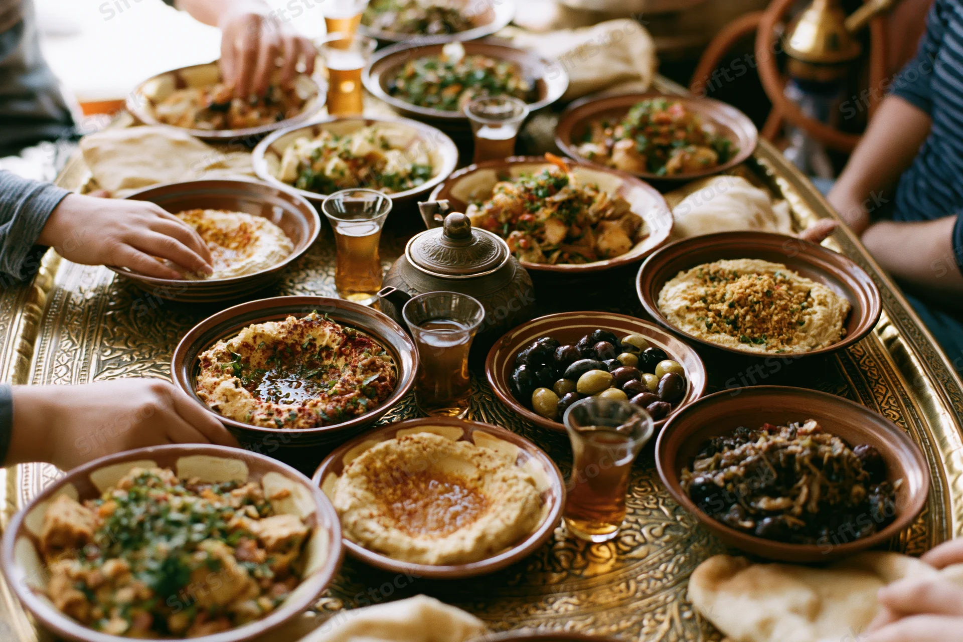 Middle eastern mezze spread on ornate brass tray with hands reaching for food and drinks during communal dining