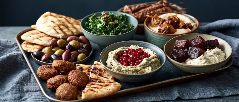 Middle eastern mezze spread with hummus, falafel, pita, olives and tabbouleh on dark slate surface