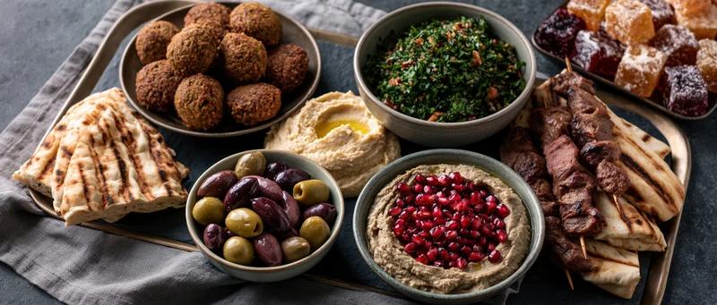 Middle eastern mezze spread with hummus, falafel, tabbouleh, olives and kebabs on a dark slate surface