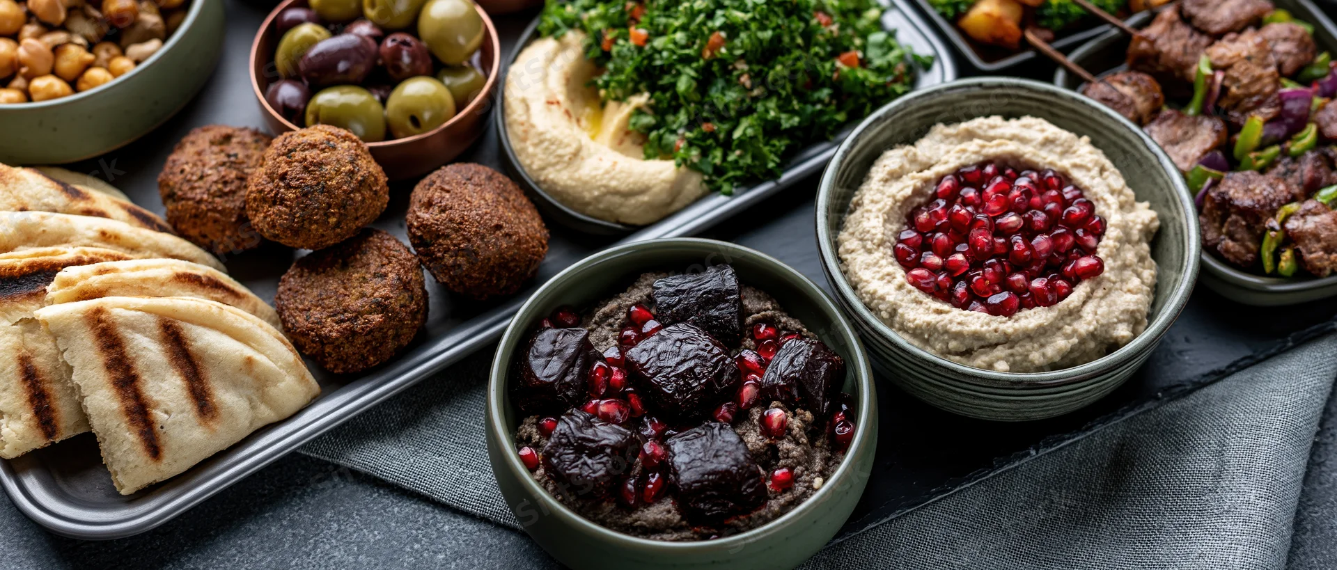 Middle eastern mezze spread with hummus, falafel, pita, olives and pomegranate on dark slate surface