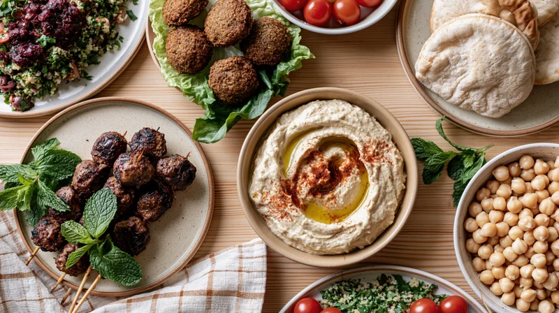Middle eastern mezze spread with hummus, falafel, kebabs, pita, and tabbouleh on a wooden table