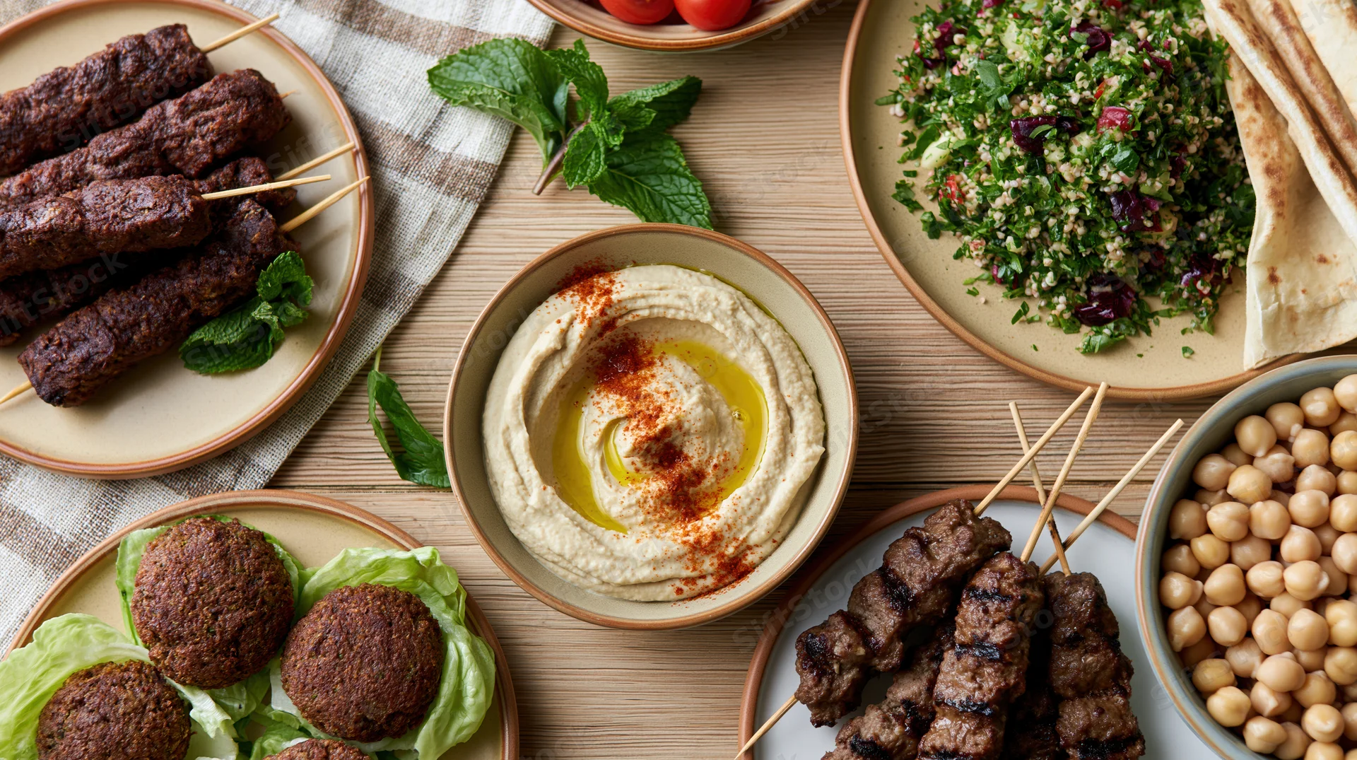 Middle eastern mezze spread with hummus, kebabs, falafel and tabbouleh on a wooden table