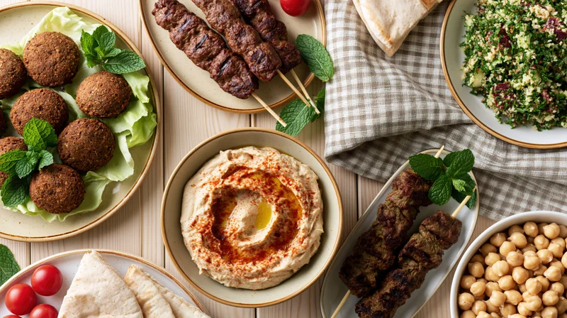 Middle eastern mezze spread with hummus, falafel, kebabs and tabbouleh on a wooden table