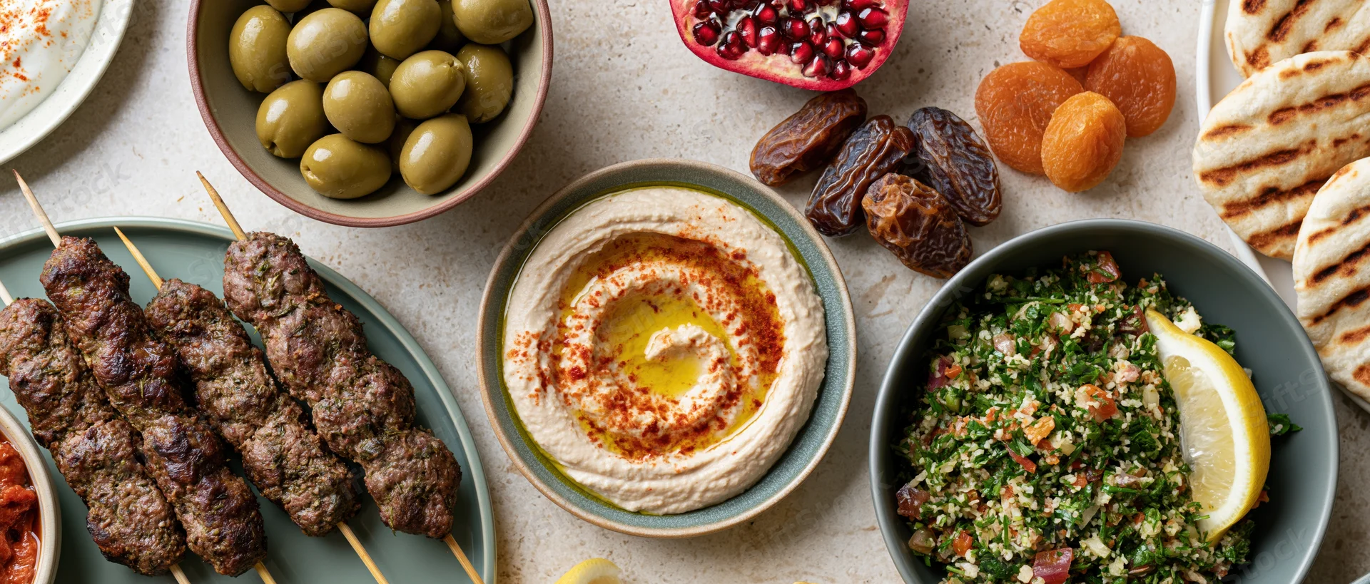 Middle eastern mezze spread with hummus, kebabs, tabbouleh, olives and flatbread on a pale stone surface