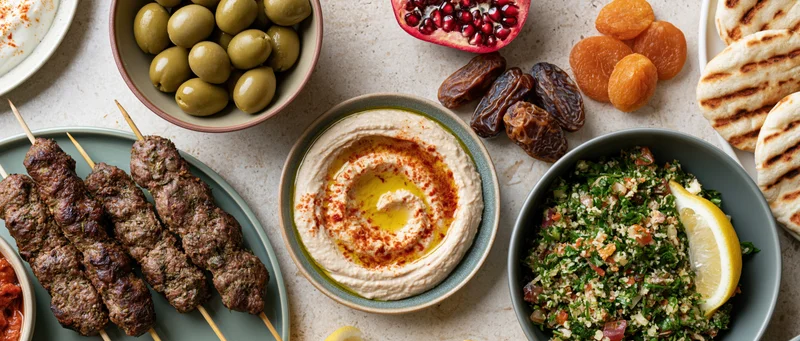 Middle eastern mezze spread with hummus, kebabs, tabbouleh, olives and flatbread on a pale stone surface
