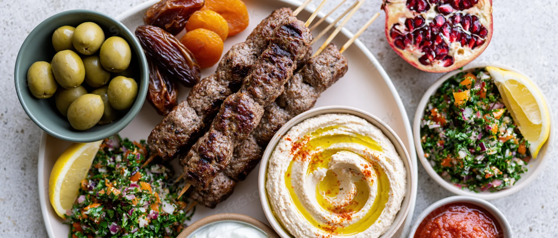 Middle eastern mezze platter with grilled meat skewers, hummus, tabbouleh, olives and pomegranate on stone surface