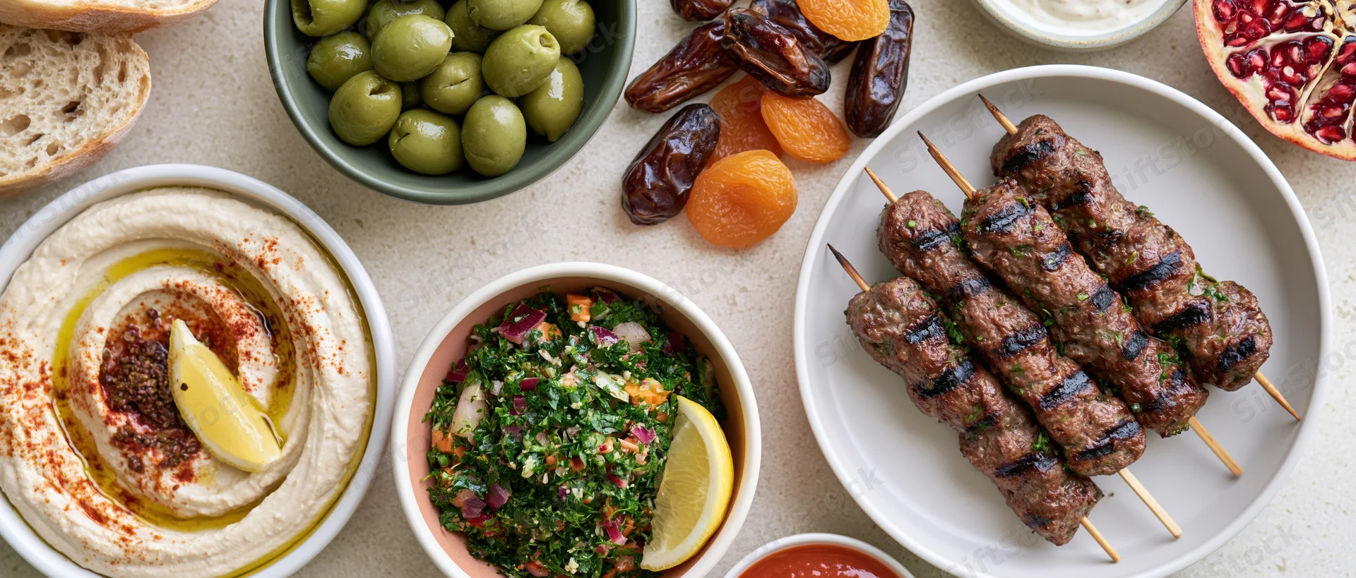 Middle eastern mezze spread with hummus, tabbouleh, grilled kebabs, olives, dates and bread on a pale stone surface