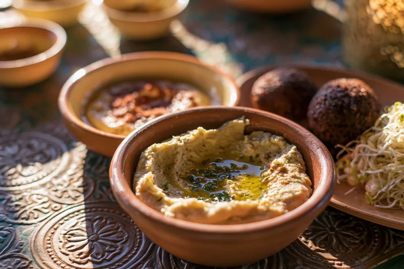 Hummus in a clay bowl with olive oil and herbs on a decorated metal table surrounded by mezze dishes