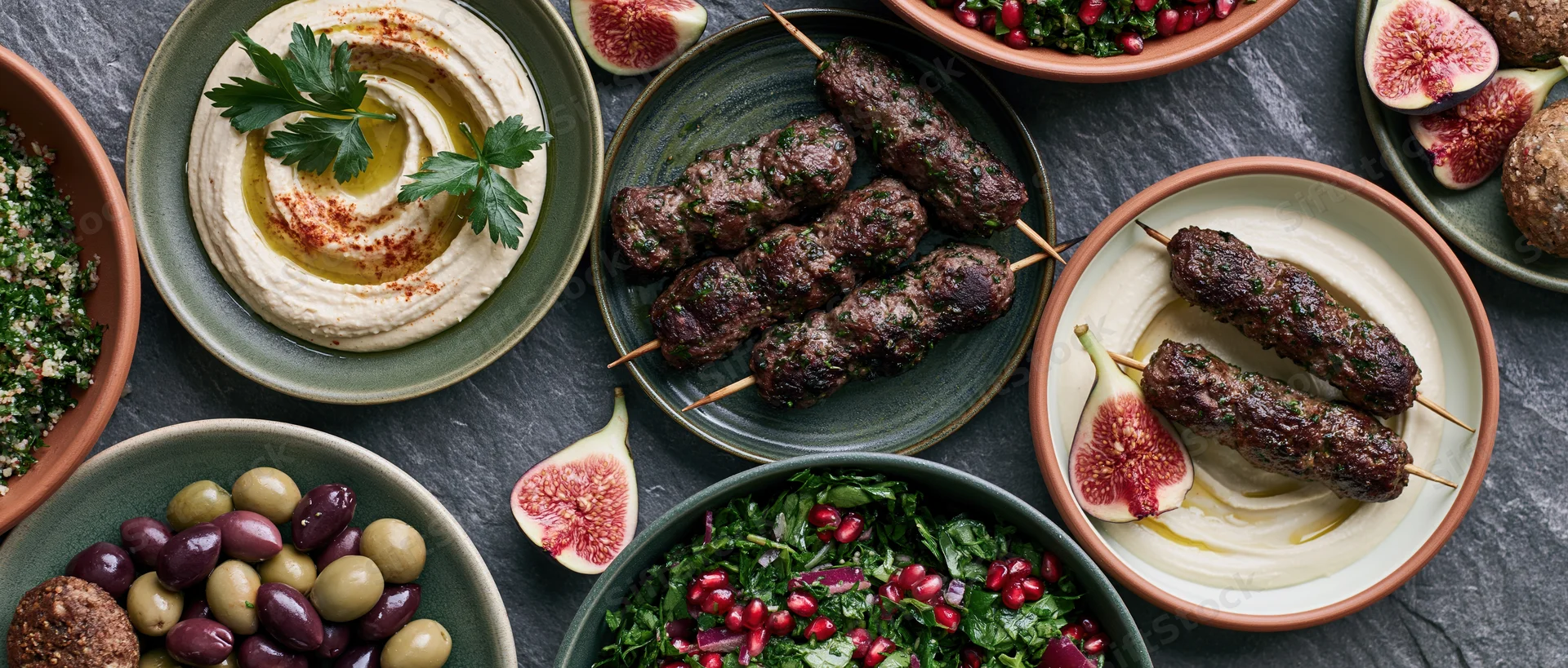 Overhead view of middle eastern mezze spread with hummus, kebabs, figs, olives, and salads on dark stone table
